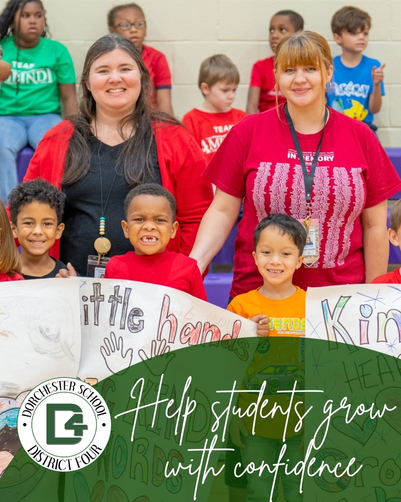 Two elementary teachers stand with smiling students holding handmade signs during a school event. Text reads: “Help students grow with confidence.”