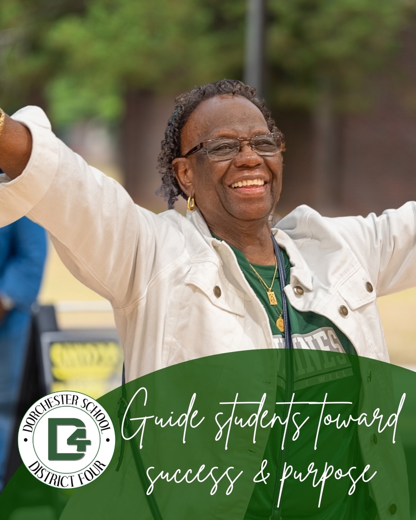 Smiling teacher with arms raised celebrates outdoors during a school activity. Text reads: “Guide students toward success and purpose.”