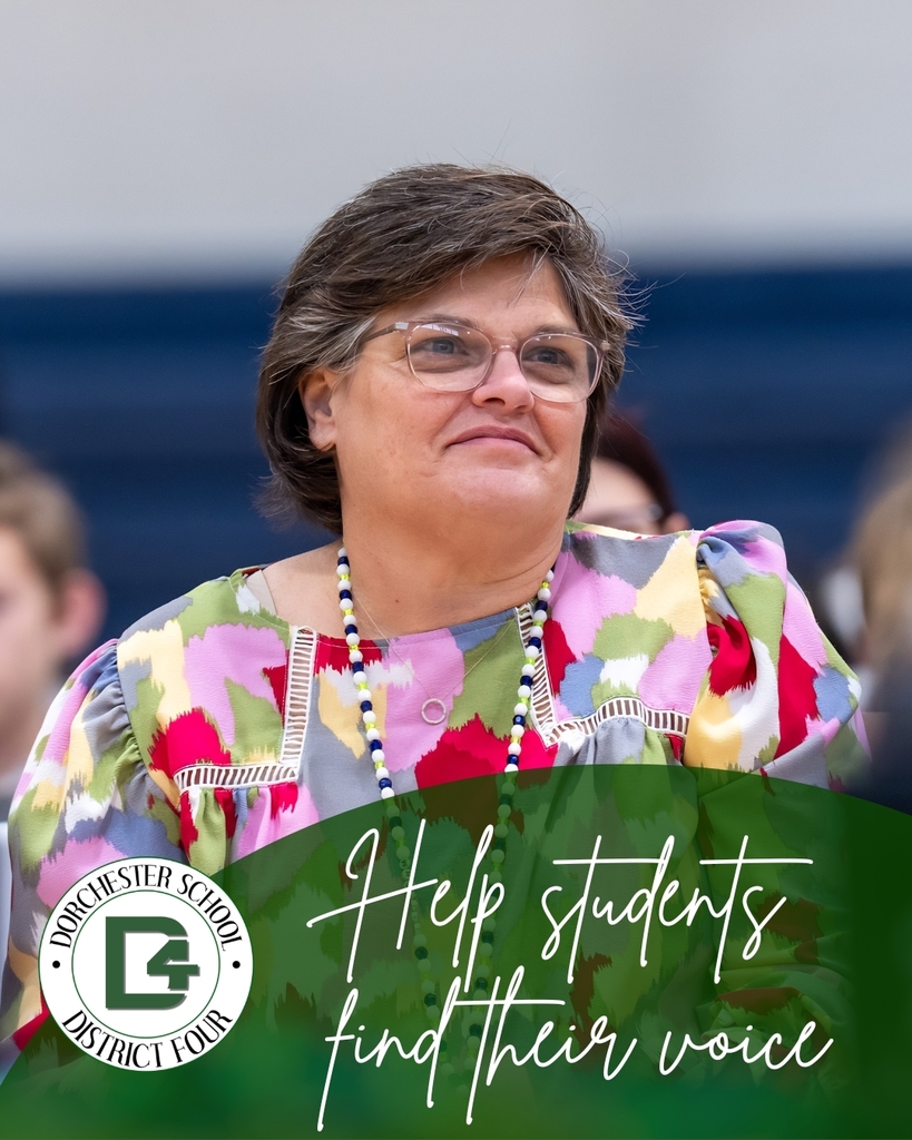 Teacher in a colorful patterned blouse stands in a gymnasium during a school event. Text reads: “Help students find their voice.”