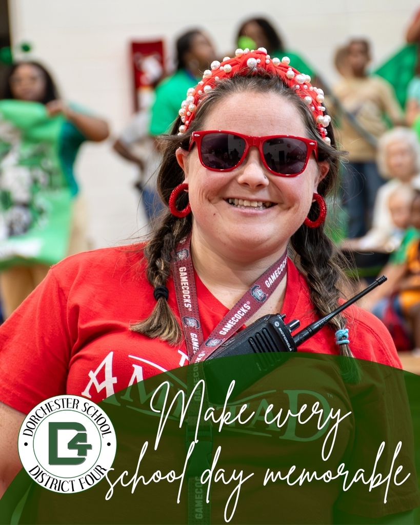 Teacher in red sunglasses and school spirit attire smiles during a lively school event while students stand in the background. Text reads: “Make every school day memorable.”