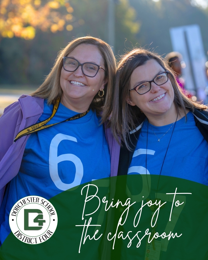 Two smiling teachers wearing matching blue shirts stand together outdoors during a school celebration. Text reads: “Bring joy to the classroom.”