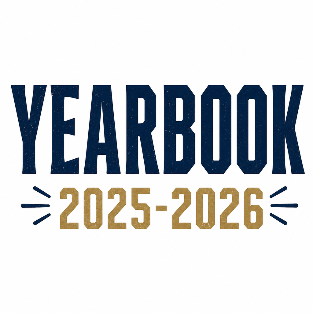A clean white graphic features the word “YEARBOOK” in large navy blue varsity-style lettering above “2025-2026” in gold block numbers. Simple navy accent lines on each side give the design a modern school-themed look.