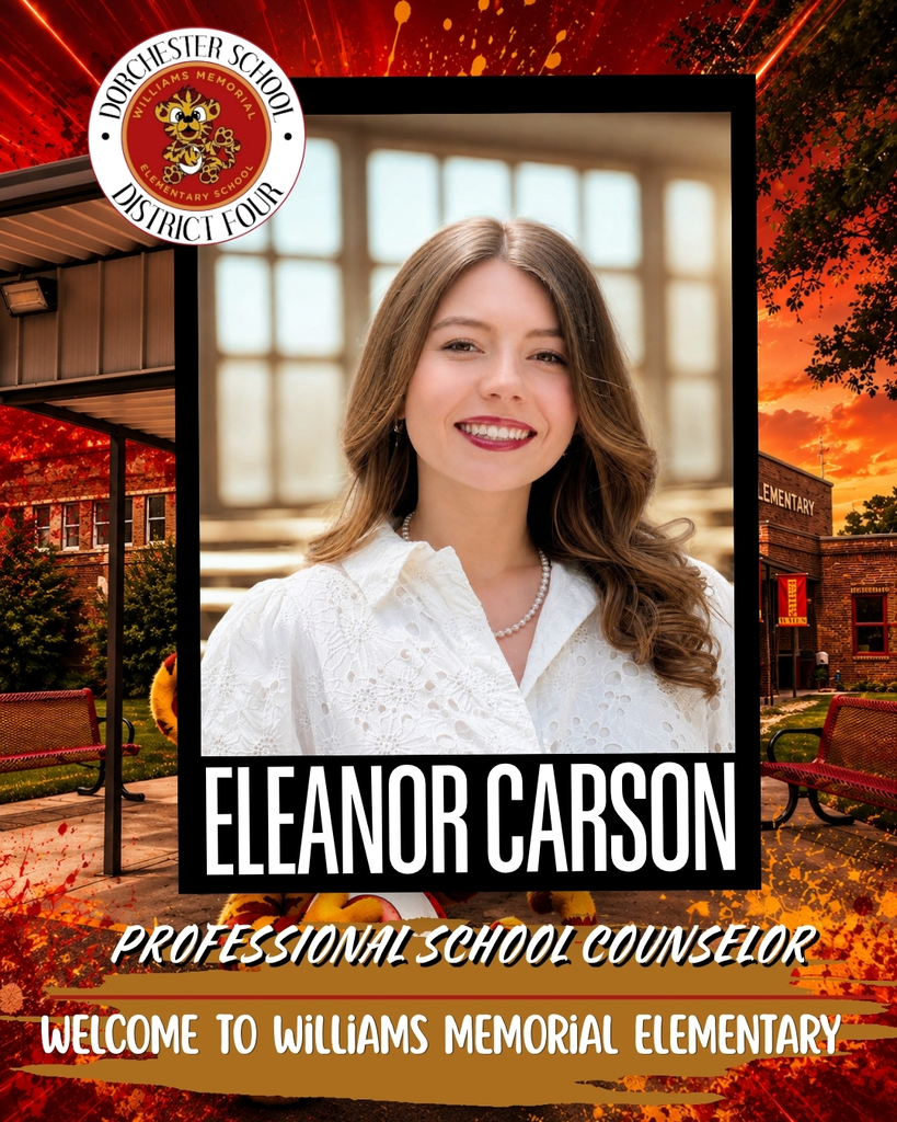 Welcome graphic for Eleanor Carson, the new Professional School Counselor at Williams Memorial Elementary School. The graphic features a portrait of Mrs. Carson centered on a Williams Memorial Elementary-themed background with the school's red and gold colors and campus imagery. The Williams Memorial Elementary School logo appears in the upper left corner. Text on the graphic reads: "Eleanor Carson," "Professional School Counselor," and "Welcome to Williams Memorial Elementary."