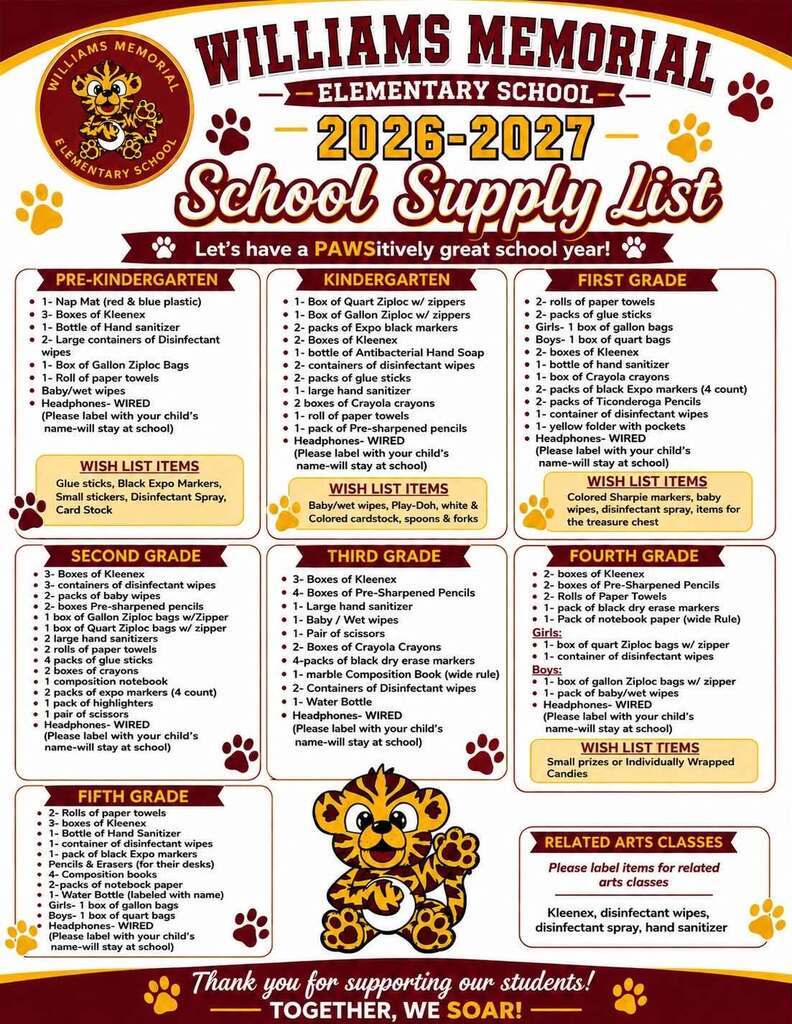 Williams Memorial Elementary 2026-2027 school supply list with required supplies and wish list items for Pre-K through 5th grade, plus related arts classroom donation requests.