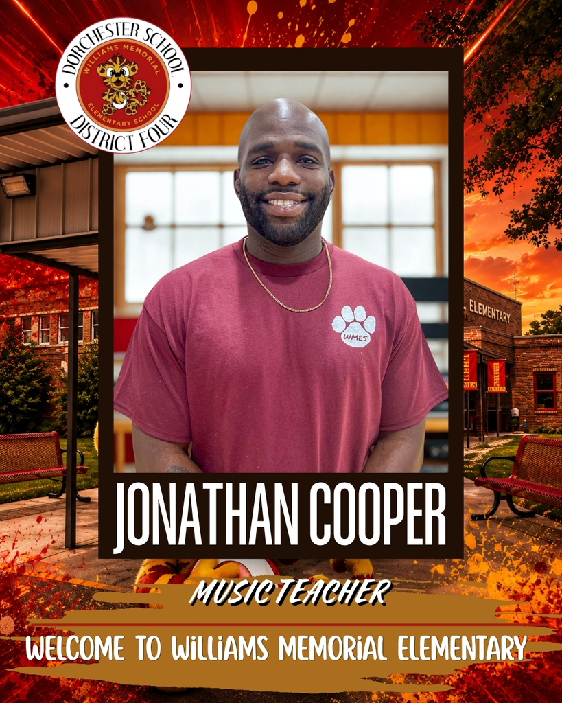 Welcome graphic for Jonathan Cooper, Music Teacher at Williams Memorial Elementary School. He is smiling and wearing a maroon WMES T-shirt while standing indoors. The graphic features the Williams Memorial Elementary logo, a school-themed background, and the message, "Welcome to Williams Memorial Elementary."