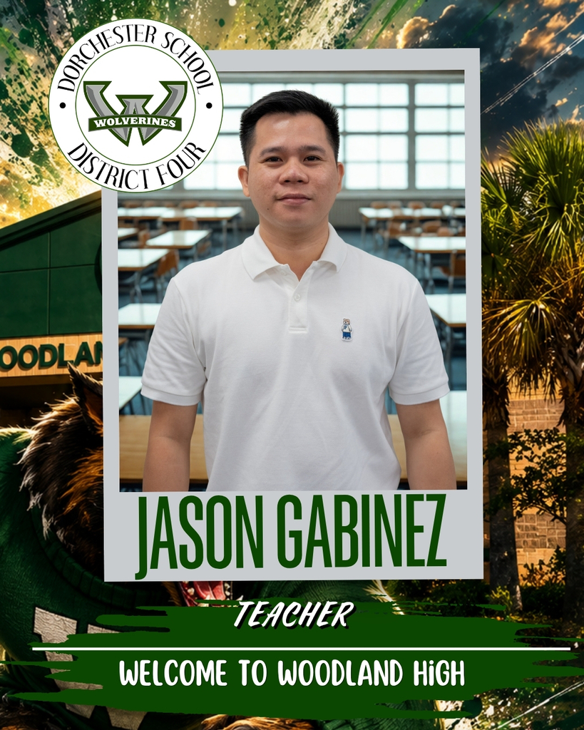 Welcome graphic for Jason Gabinez, Teacher at Woodland High School. He is standing indoors wearing a white polo shirt. The graphic includes the Woodland High School logo, a school-themed background, and the message, "Welcome to Woodland High."