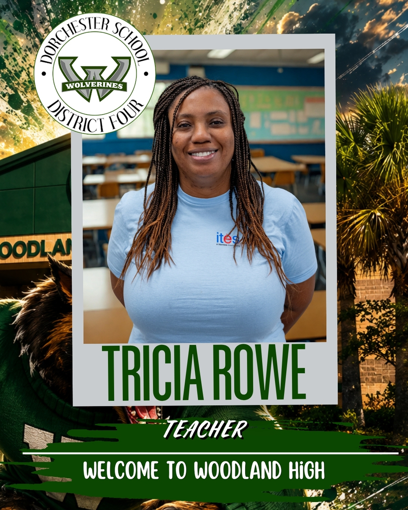 Welcome graphic for Tricia Rowe, Teacher at Woodland High School. She is smiling while standing in a classroom wearing a light blue shirt. The graphic includes the Woodland High School logo, a school-themed background, and the message, "Welcome to Woodland High."