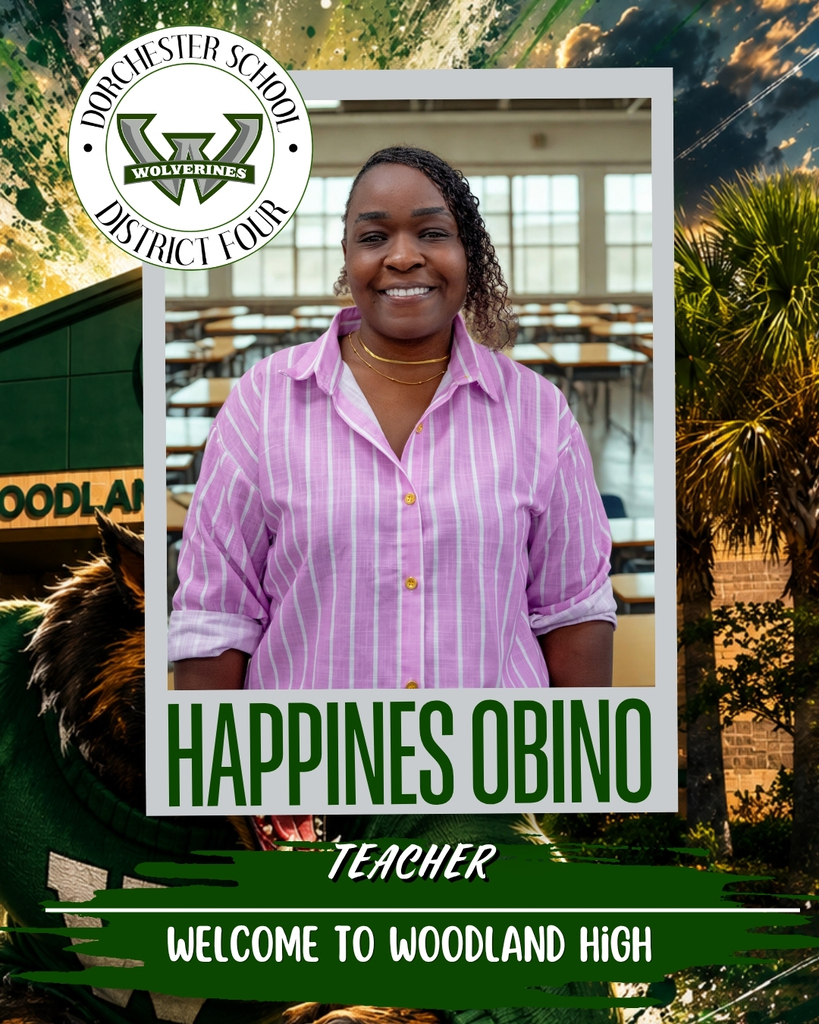 Welcome graphic for Happines Obino, Teacher at Woodland High School. She is smiling while standing in a classroom wearing a pink striped blouse. The graphic includes the Woodland High School logo, a school-themed background, and the message, "Welcome to Woodland High."