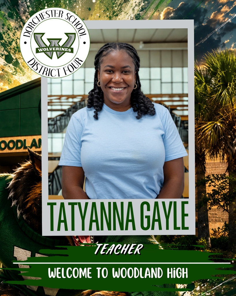 Welcome graphic for Tatyanna Gayle, Teacher at Woodland High School. She is smiling while standing in a classroom wearing a light blue shirt. The graphic includes the Woodland High School logo, a school-themed background, and the message, "Welcome to Woodland High."