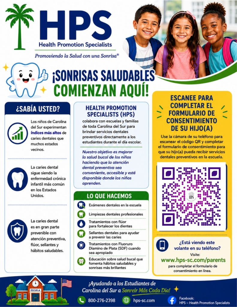 Folleto en español de HPS que promueve servicios dentales preventivos en la escuela e incluye un código QR para completar el formulario de consentimiento del estudiante.