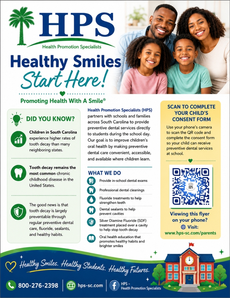 HPS flyer promoting free in-school preventive dental services, oral health education, and a QR code for parents to complete a student consent form.