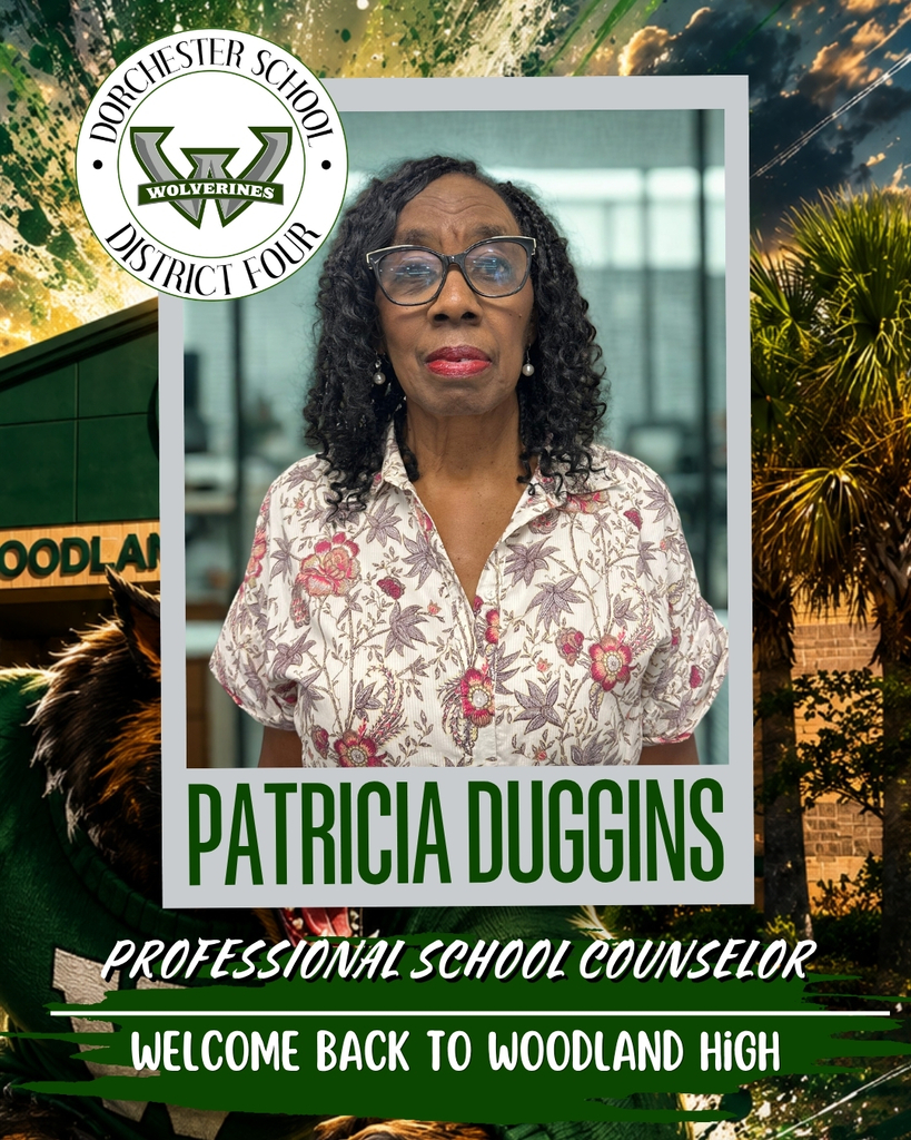 Portrait graphic of Patricia Duggins, Professional School Counselor, welcoming her back to Woodland High School for the 2026-2027 school year with Woodland Wolverines branding.