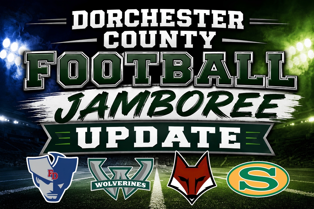 "Graphic reading 'Dorchester County Football Jamboree Update' with team logos for Fort Dorchester, Woodland Wolverines, Summerville (fox mascot), and a green oval logo with an S, on a football stadium background."