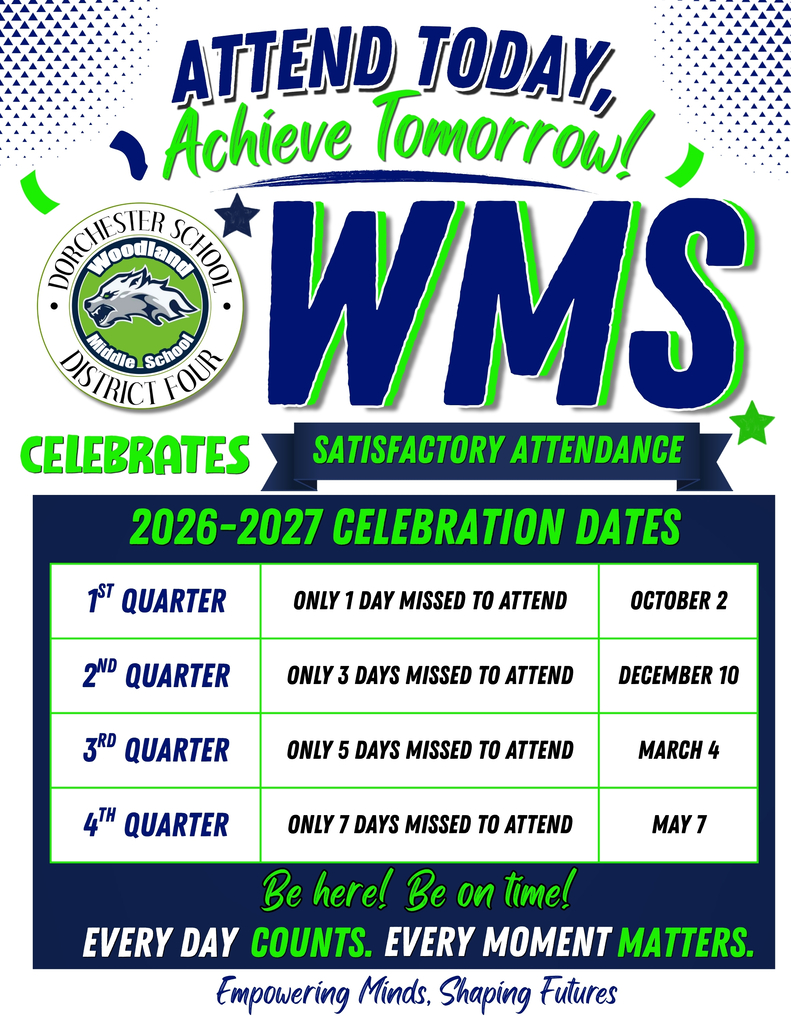 Navy and green poster reading "Attend Today, Achieve Tomorrow! WMS Celebrates Satisfactory Attendance" with the Woodland Middle School Wolverines logo. Table of 2026-2027 celebration dates: 1st Quarter, only 1 day missed, October 2; 2nd Quarter, only 3 days missed, December 10; 3rd Quarter, only 5 days missed, March 4; 4th Quarter, only 7 days missed, May 7. Text reads "Be here! Be on time! Every day counts. Every moment matters. Empowering Minds, Shaping Futures."