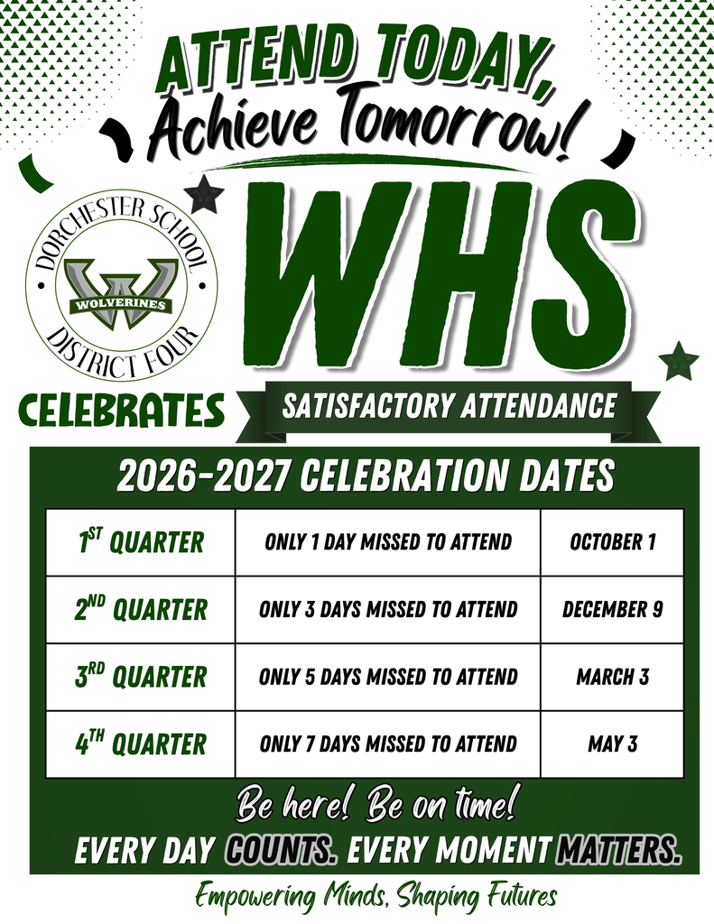 Green and black poster reading "Attend Today, Achieve Tomorrow! WHS Celebrates Satisfactory Attendance" with the Woodland High School Wolverines logo. Table of 2026-2027 celebration dates: 1st Quarter, only 1 day missed, October 1; 2nd Quarter, only 3 days missed, December 9; 3rd Quarter, only 5 days missed, March 3; 4th Quarter, only 7 days missed, May 3. Text reads "Be here! Be on time! Every day counts. Every moment matters. Empowering Minds, Shaping Futures."