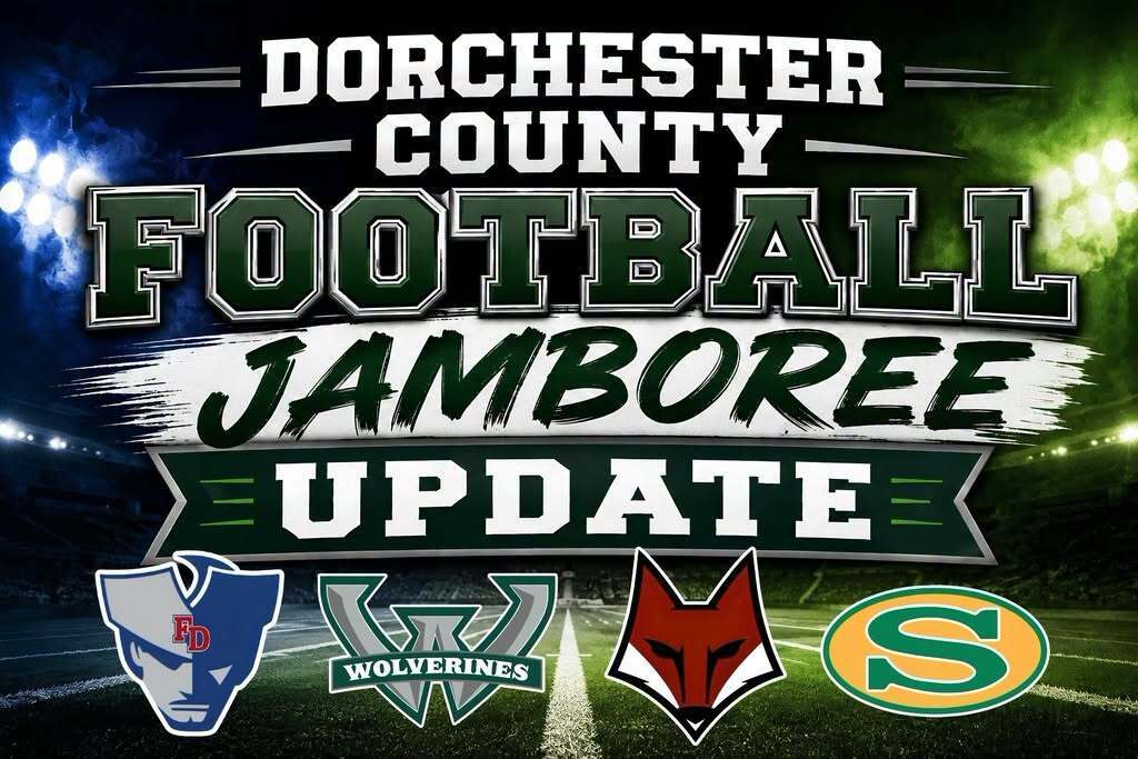 Graphic announcing a Dorchester County Football Jamboree update, featuring logos for four participating football teams.