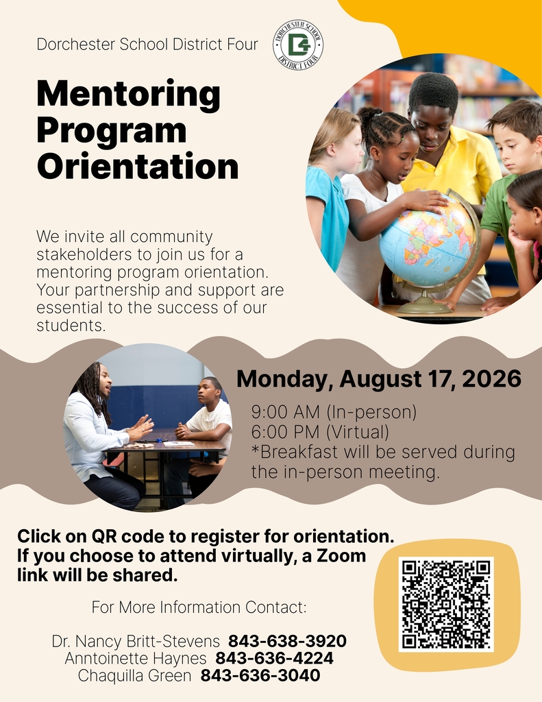 Dorchester School District Four mentoring program orientation flyer with August 17, 2026 morning and evening session information and registration QR code.