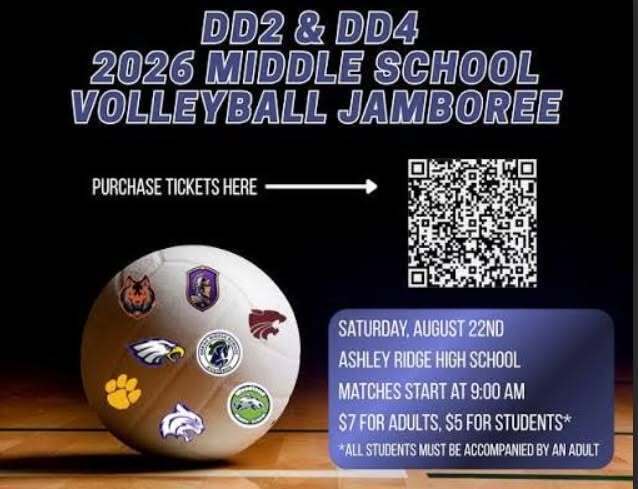 Graphic for the DD2 & DD4 2026 Middle School Volleyball Jamboree on Saturday, August 22, at Ashley Ridge High School. Matches begin at 9 a.m.; tickets are $7 for adults and $5 for students. Students must be accompanied by an adult. A QR code is provided to purchase tickets.
