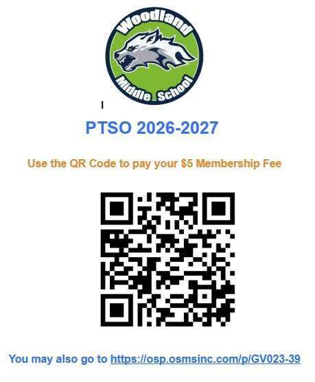Woodland Middle School PTSO 2026–2027 membership flyer. Families can use the QR code to pay the $5 membership fee or visit the provided online payment link.