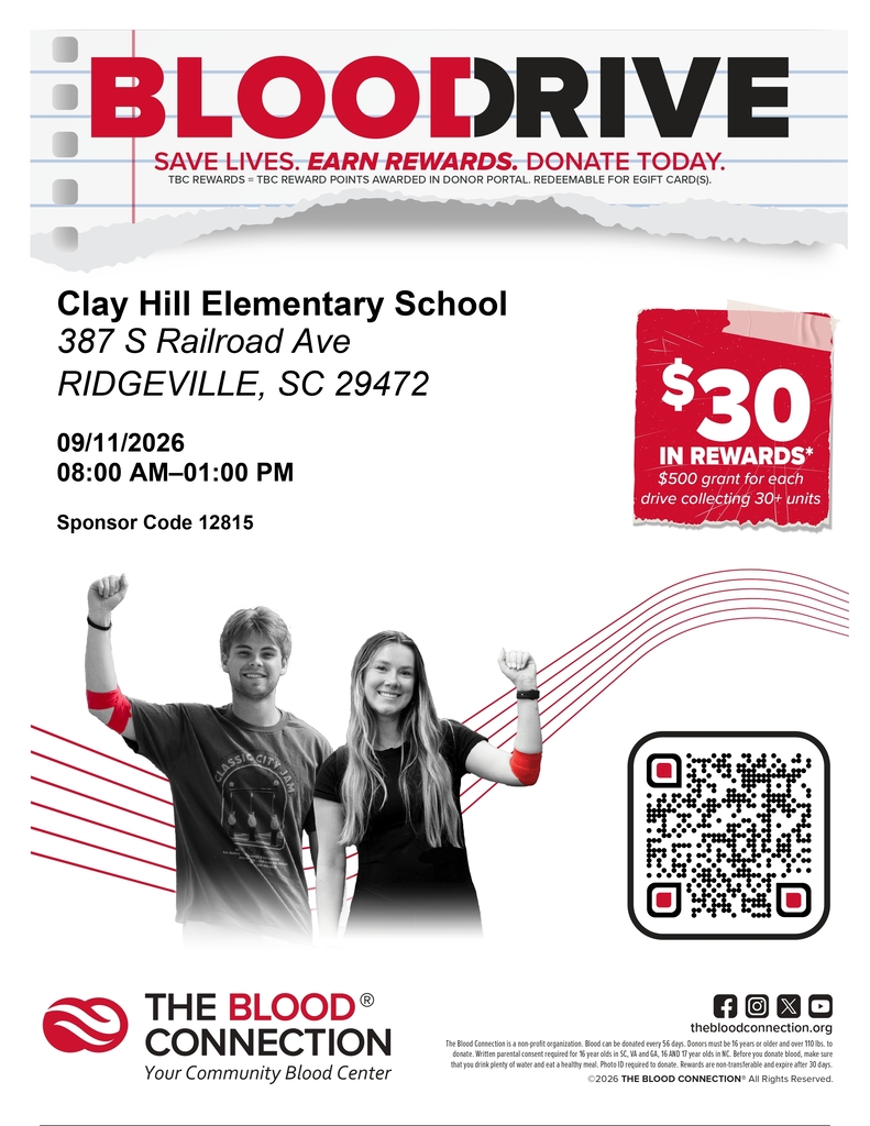 Blood drive flyer for Clay Hill Elementary School featuring donation details, a $30 rewards offer, two student blood donors, a QR code, and The Blood Connection logo.