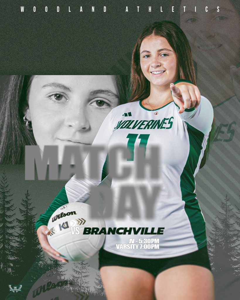 Woodland volleyball player in uniform holding a volleyball with “Match Day” and away game details: JV at 5:30 p.m. and varsity at 7 p.m. vs. Branchville.