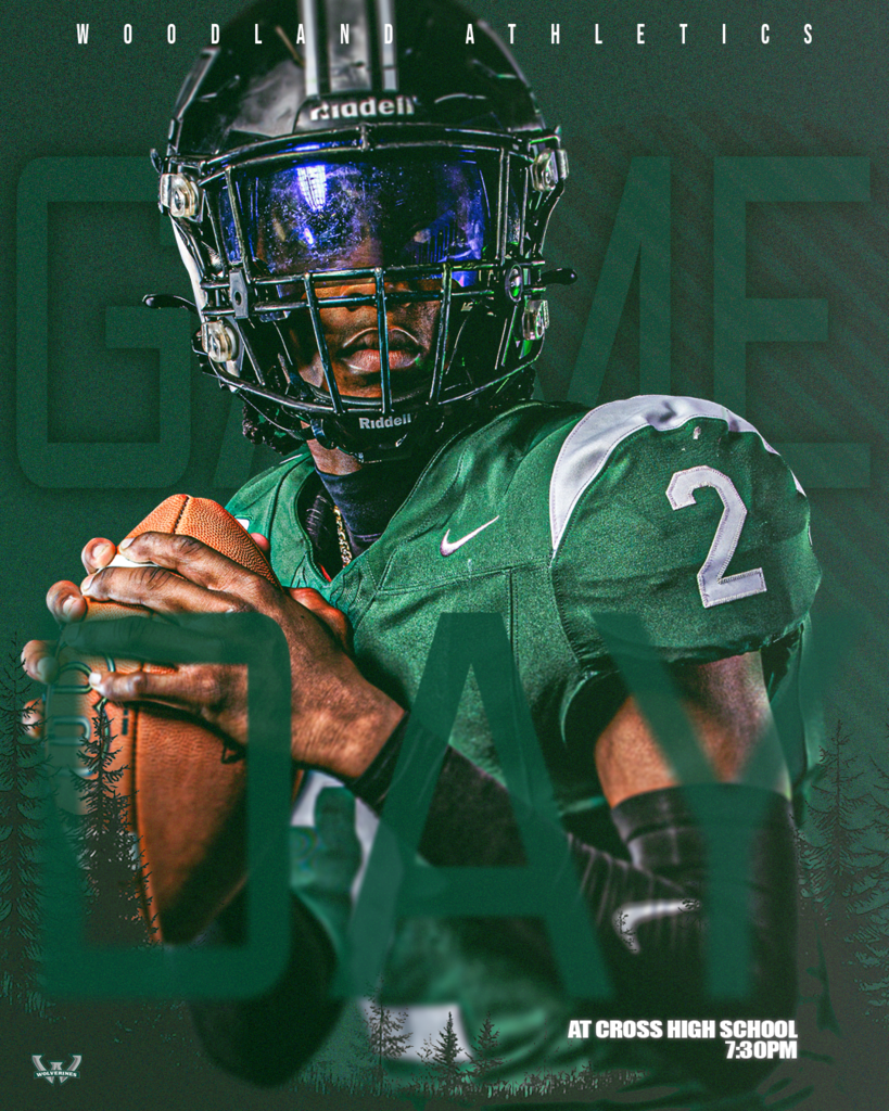 Woodland Athletics football graphic featuring a player in a green uniform with number 2 and announcing a game at Cross High School at 7:30 PM.  Football Transcript  WOODLAND ATHLETICS  AT CROSS HIGH SCHOOL  7:30 PM