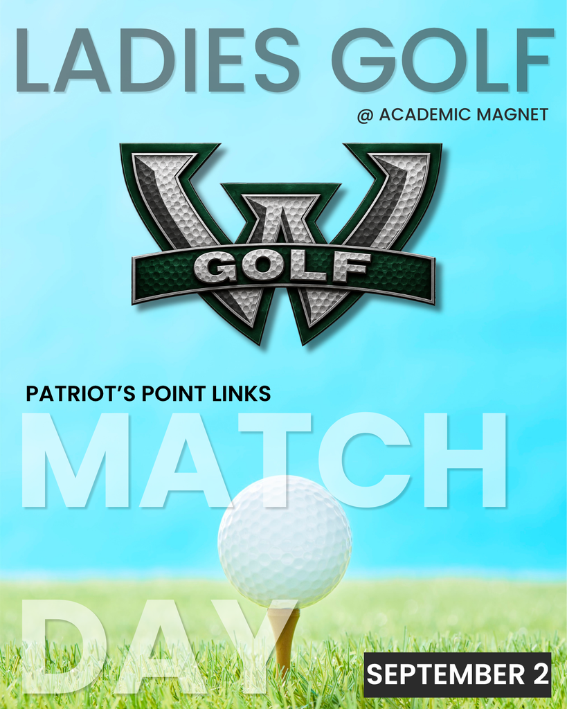 Graphic reading "Ladies Golf @ Academic Magnet" with the Woodland Golf logo (a green and silver W), text "Patriot's Point Links," a large watermarked "Match Day," a golf ball on a tee against a grassy field and blue sky, and "September 2" in a black banner at the bottom. Social post: