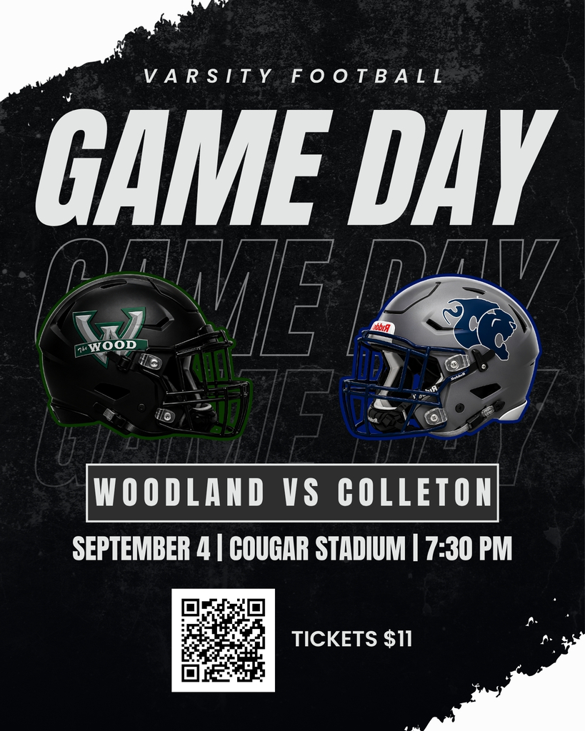 Game day graphic for Woodland varsity football promoting tonight's matchup against Colleton County at Cougar Stadium. Black and white background with a torn paper design. Text reads: "Varsity Football. Game Day. Woodland vs Colleton. September 4 | Cougar Stadium | 7:30 PM. Tickets $11." Features a black Woodland Wolverines football helmet with green trim on the left and a gray Colleton football helmet with blue trim on the right. A QR code is included at the bottom for ticket purchase.