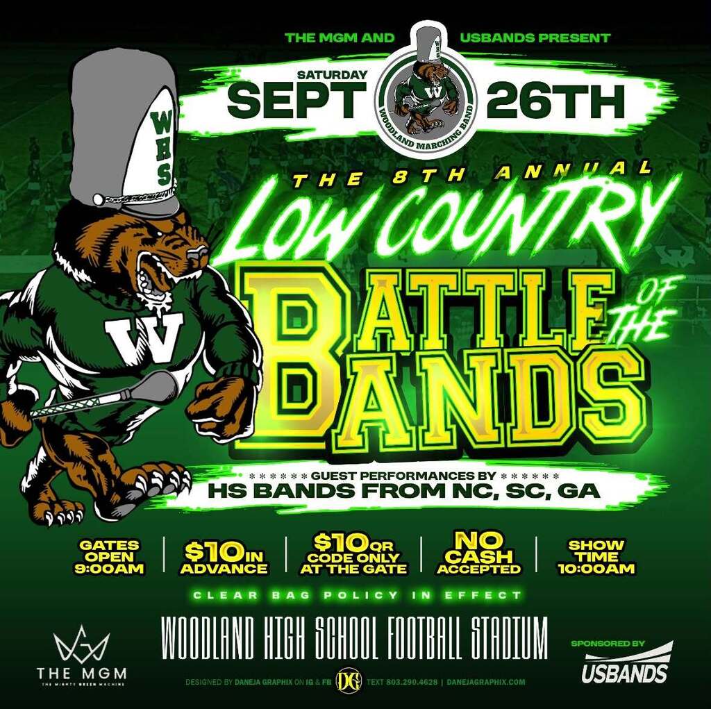 Graphic promoting the 8th Annual Low Country Battle of the Bands on Sept. 26 at Woodland High School.