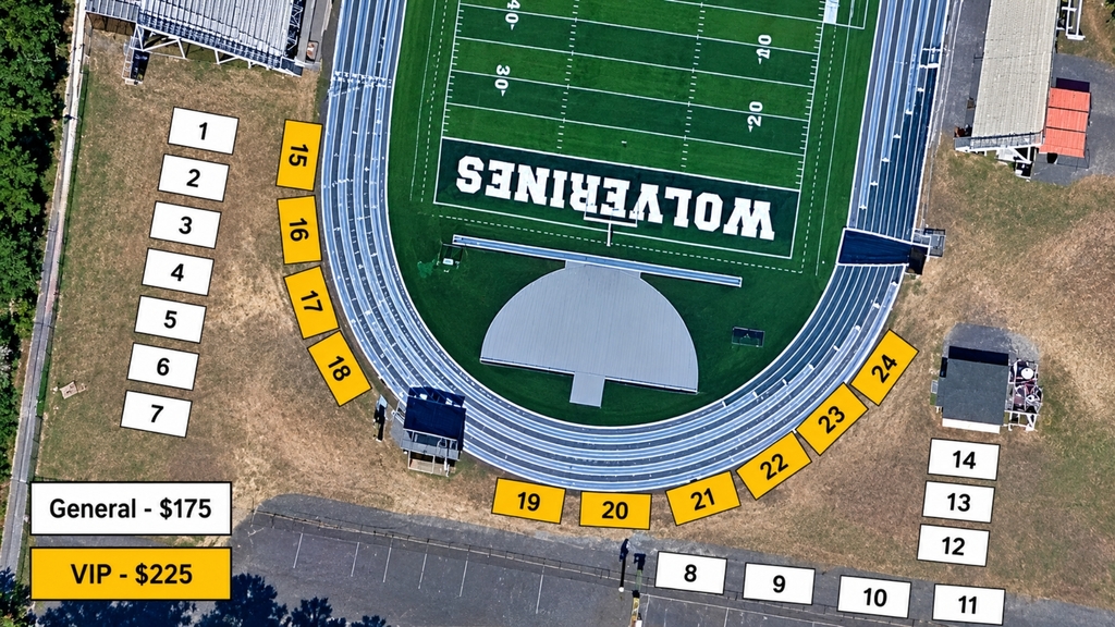 Aerial photo of the Woodland High School football stadium and track with tailgate spots numbered and mapped around the field. General spots ($175, shown in white) are numbered 1–14, located along the left side and lower right of the track. VIP spots ($225, shown in yellow) are numbered 15–24, located curving around the top and right side of the track closest to the field. A legend in the bottom left shows General spots in white and VIP spots in yellow.