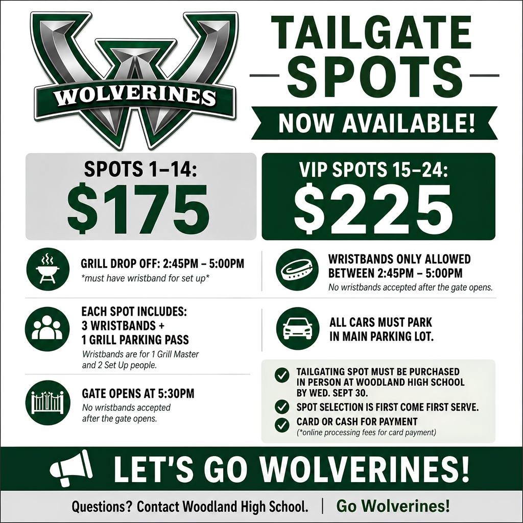 Woodland High School Wolverines tailgate spots flyer. Text reads: "Tailgate Spots Now Available! Spots 1–14: $175. VIP Spots 15–24: $225. Grill drop off: 2:45 PM–5:00 PM, must have wristband for set up. Wristbands only allowed between 2:45 PM–5:00 PM, no wristbands accepted after the gate opens. Each spot includes: 3 wristbands and 1 grill parking pass, wristbands are for 1 grill master and 2 set up people. All cars must park in main parking lot. Gate opens at 5:30 PM, no wristbands accepted after the gate opens. Tailgating spot must be purchased in person at Woodland High School by Wed. Sept 30. Spot selection is first come first serve. Card or cash for payment, online processing fees for card payment. Let's Go Wolverines! Questions? Contact Woodland High School." Wolverines logo in top left corner.
