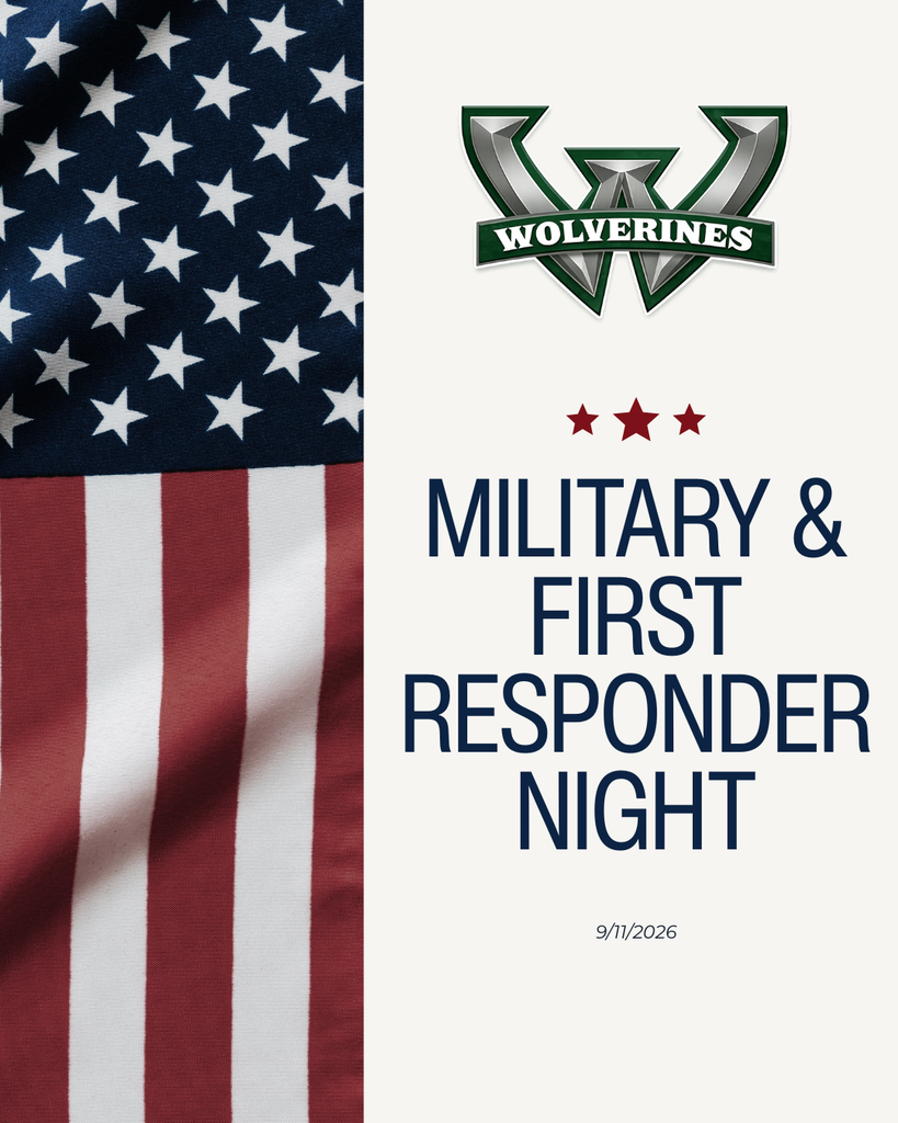 Graphic for Woodland High School's Military and First Responder Night. The left half shows a close-up of an American flag with white stars on navy and red and white stripes. On the right, against a cream background, is the green and silver Wolverines "W" logo above three red stars. Bold navy text reads "Military & First Responder Night." Below in italics: "Forever grateful to those who gave everything. We remember today and always." The date 9/11/2026 appears at the bottom.