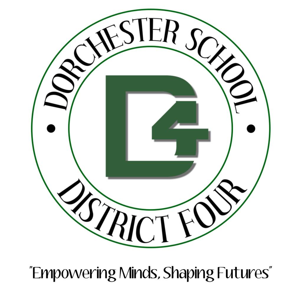 Dorchester School District Four seal, a circular green and black emblem with a large green "D4" monogram in the center, above the slogan "Empowering Minds, Shaping Futures."