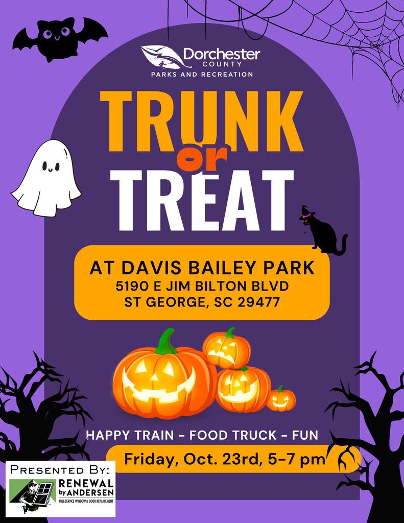 Dorchester County Trunk or Treat at Davis Bailey Park, Oct. 23 from 5-7 p.m., with food trucks and Halloween fun.