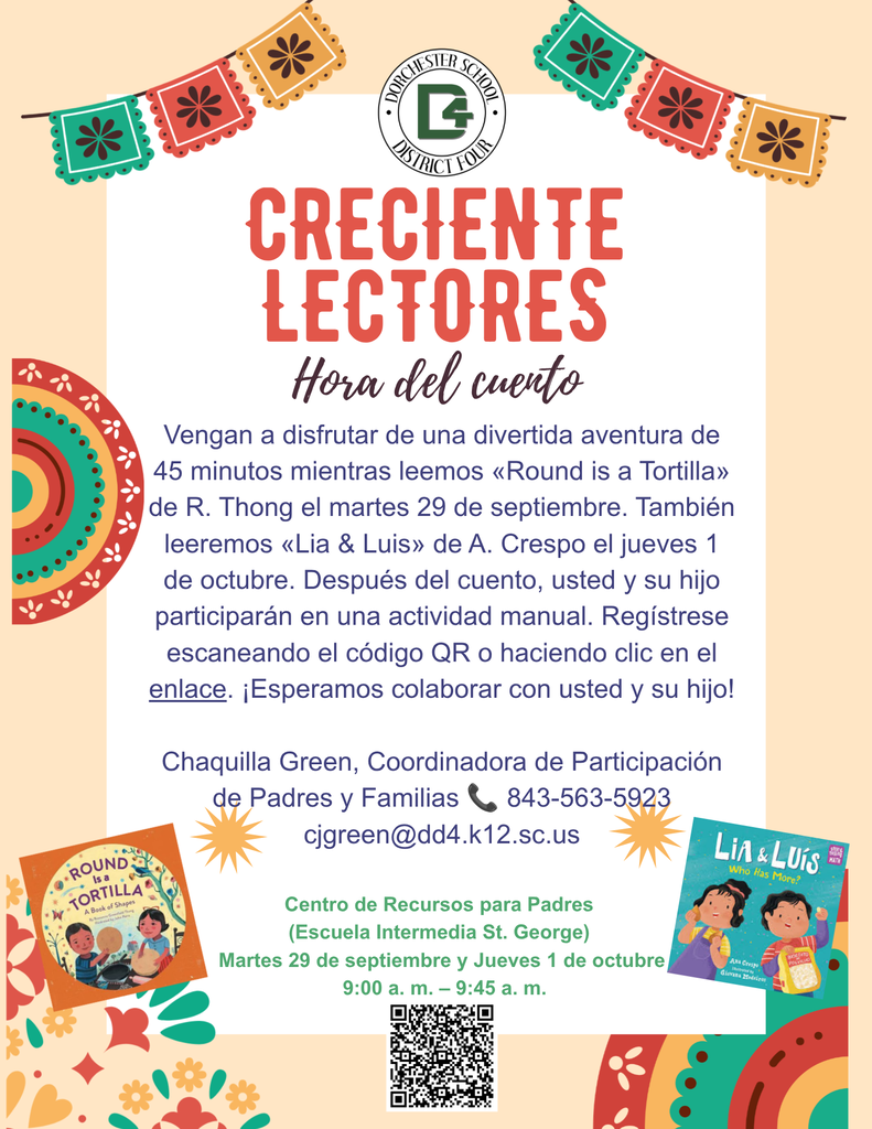 Growing Readers Storytime en el Centro de Recursos para Padres de DD4, 29 de septiembre y 1 de octubre, de 9 a 9:45 a. m., con dos cuentos infantiles y una actividad manual.