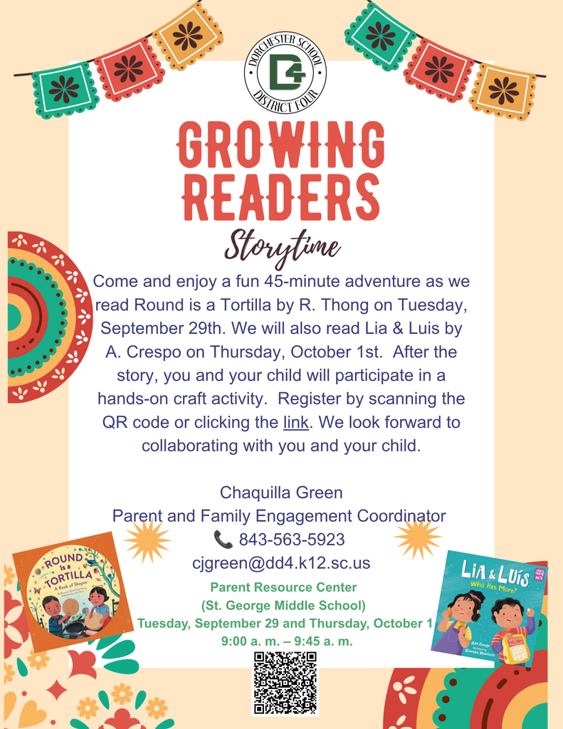 Growing Readers Storytime at the DD4 Parent Resource Center, September 29 and October 1, from 9 to 9:45 a.m., featuring two children's books and a hands-on craft.