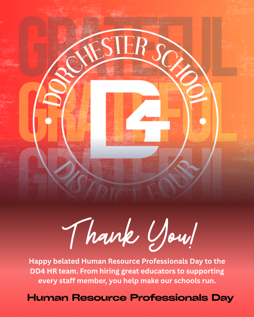 Graphic for Human Resource Professionals Day from Dorchester School District Four. A red and orange gradient background features the word "Grateful" repeated in large faded letters behind the white DD4 logo. Below the logo, "Thank You!" is written in white script, followed by the message: "Happy belated Human Resource Professionals Day to the DD4 HR team. From hiring great educators to supporting every staff member, you help make our schools run." Text at the bottom reads "Human Resource Professionals Day."