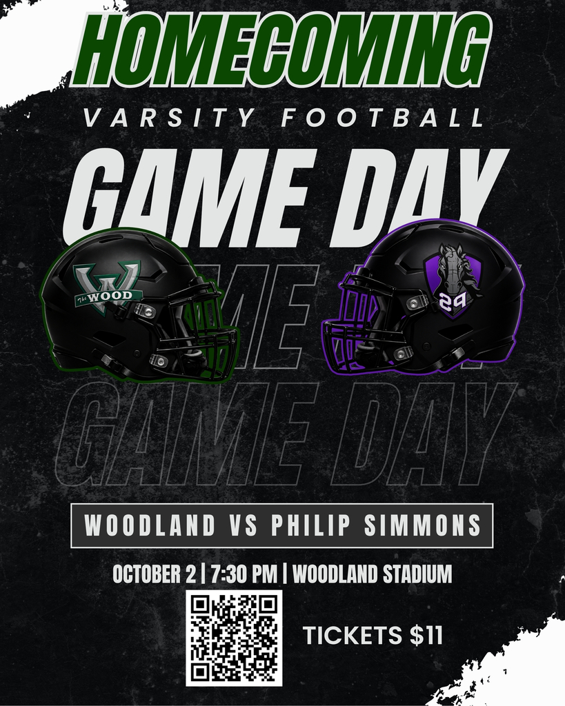 Homecoming varsity football game day graphic. Two black football helmets face each other: a Woodland helmet with a green outline and "The Wood" W logo, and a Philip Simmons helmet with a purple outline and horse head logo. Text reads: Woodland vs Philip Simmons, October 2, 7:30 PM, Woodland Stadium. Tickets are $11. A QR code for purchasing tickets appears in the bottom left corner.