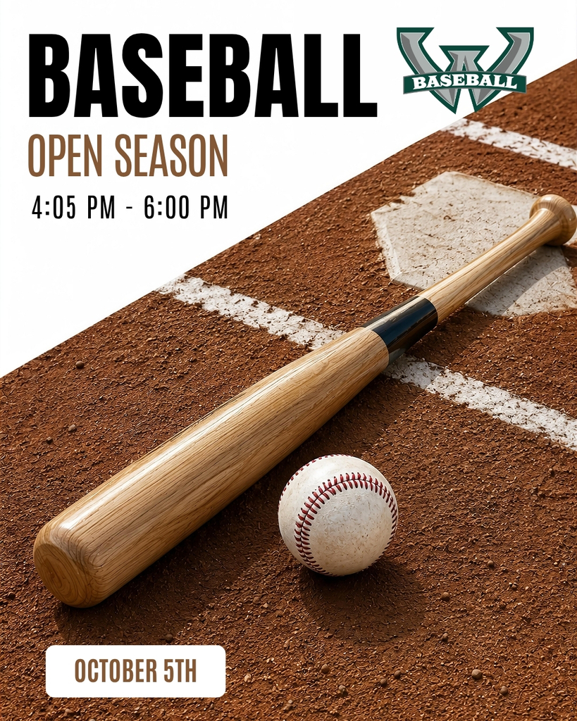 Woodland High School Baseball graphic announcing Open Season on October 5th from 4:05 PM to 6:00 PM. A wooden baseball bat and a baseball rest on the red clay near home plate and a white chalk line. The green and gray Woodland "W" Baseball logo appears in the top right corner.