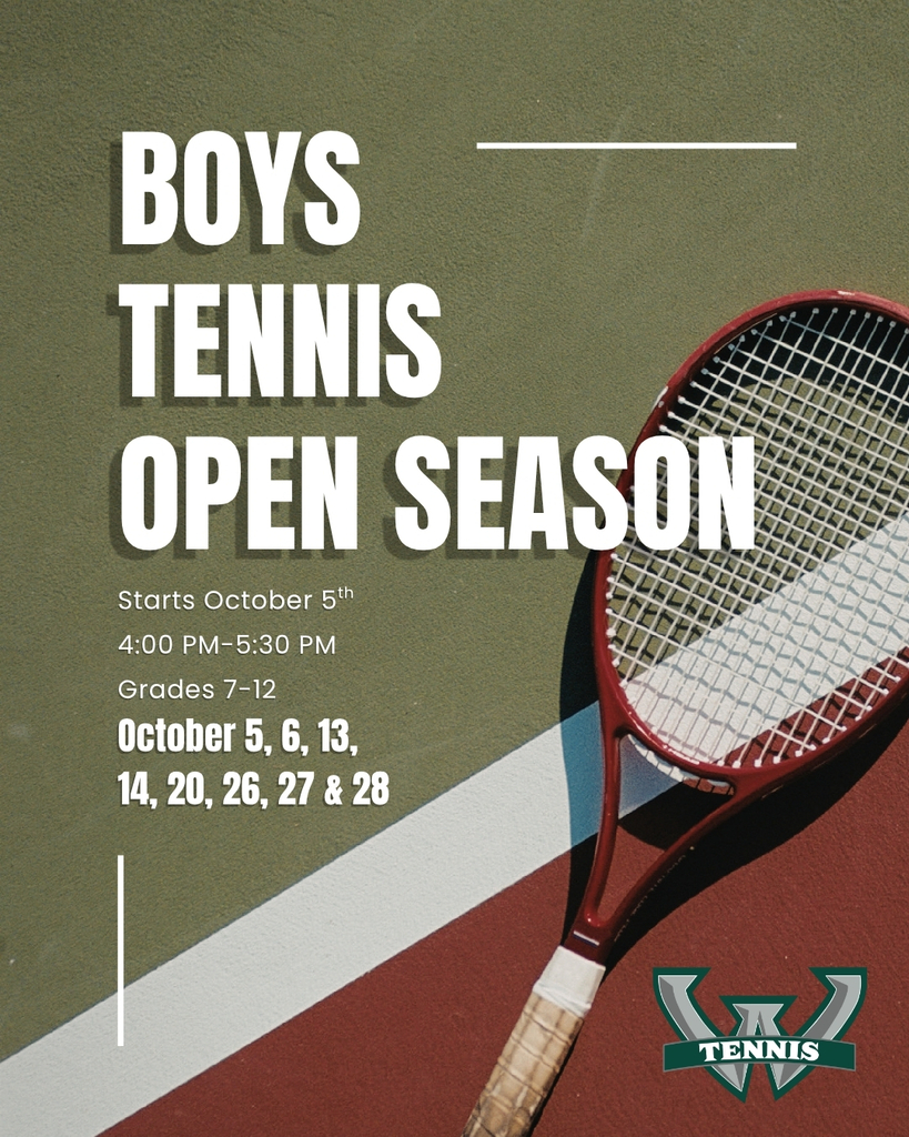 Flyer for Woodland High School Boys Tennis Open Season. A red tennis racket with white grip tape rests on a green and red tennis court beside a white boundary line. Text reads: Boys Tennis Open Season. Starts October 5th. 4:00 PM to 5:30 PM. Grades 7 to 12. October 5, 6, 13, 14, 20, 26, 27 and 28. The Woodland Wolverines Tennis logo appears in the bottom right corner.