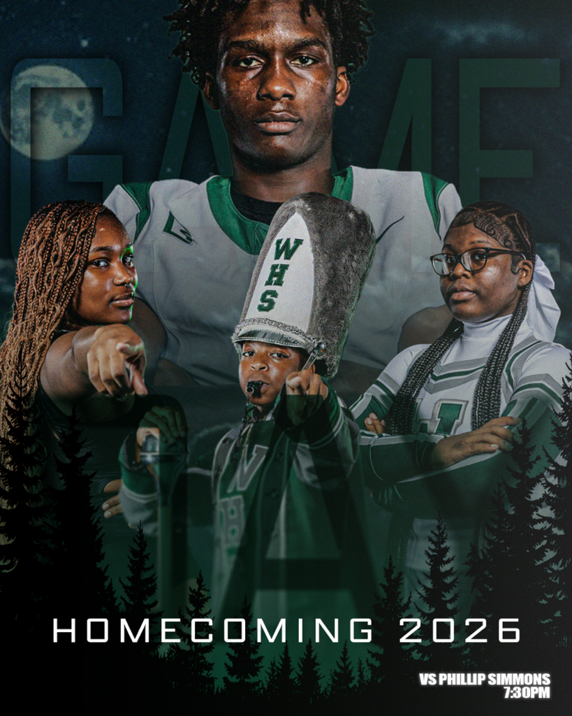 Homecoming image showing athletes, band members, cheerleaders, and color guard members from Woodland High School. Title states: Homecoming 2026 vs. Phillip Simmons at 7:30 PM.