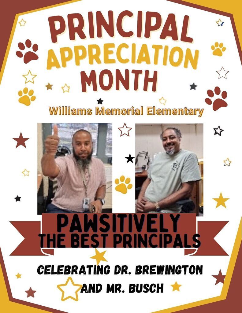Image for Principal Appreciation Month. The image celebrates Dr. Brewington and Mr. Busch