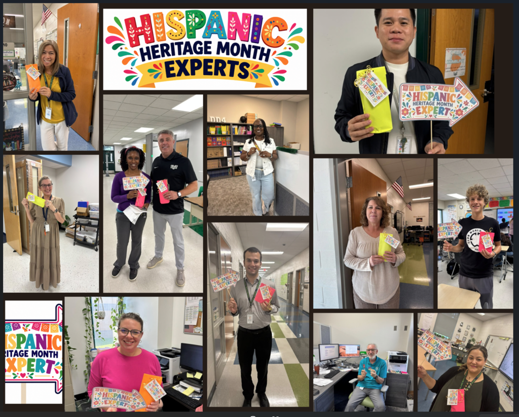 A collage celebrating Hispanic Heritage Month Experts. At the center top is a colorful graphic reading "Hispanic Heritage Month Experts" with bright floral designs. Surrounding it are photos of staff members and a student smiling in classrooms, offices, and hallways. Most are holding bright gift bags in yellow, pink, and orange with "Hispanic Heritage Month Expert" tags attached, and several hold arrow-shaped signs that say "Hispanic Heritage Month Expert." One staff member gives a thumbs up from his desk.