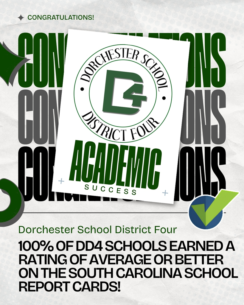 Congratulations graphic for Dorchester School District Four. The word “Congratulations” repeats in large green, gray, and black letters behind a white card showing the district seal and the words “Academic Success.” A green check mark appears in the lower right. Text below reads: “Dorchester School District Four. 100% of DD4 schools earned a rating of Average or better on the South Carolina School Report Cards!”