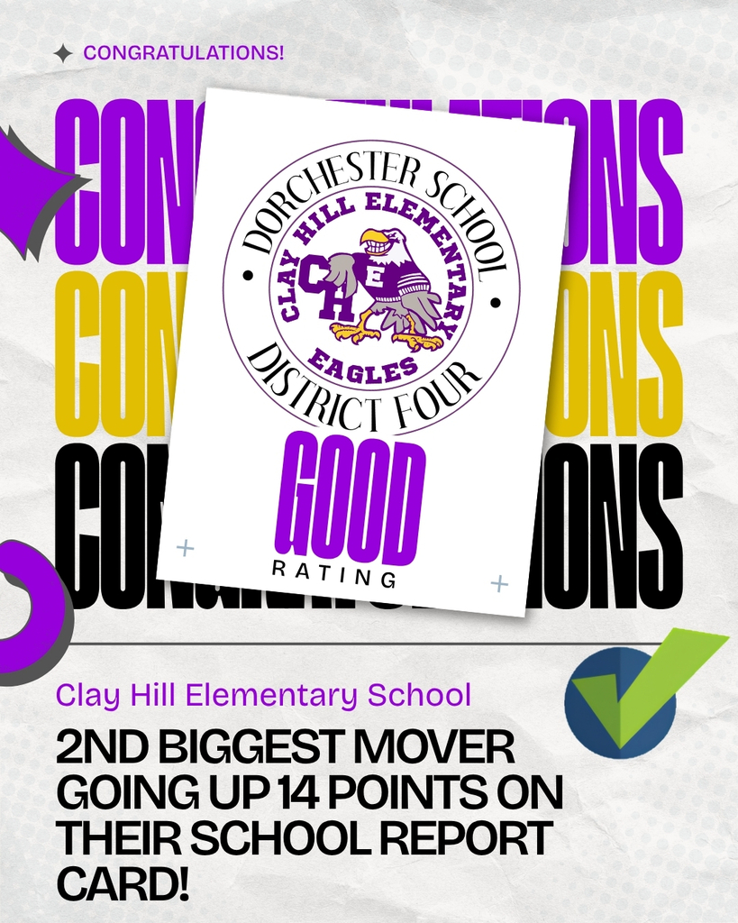 Congratulations graphic for Clay Hill Elementary School. The word “Congratulations” repeats in large purple, yellow, and black letters behind a white card showing the Clay Hill Elementary Eagles logo inside the Dorchester School District Four seal, with the words “Good Rating.” A green check mark appears on the right. Text below reads: “Clay Hill Elementary School. 2nd biggest mover going up 14 points on their school report card!”