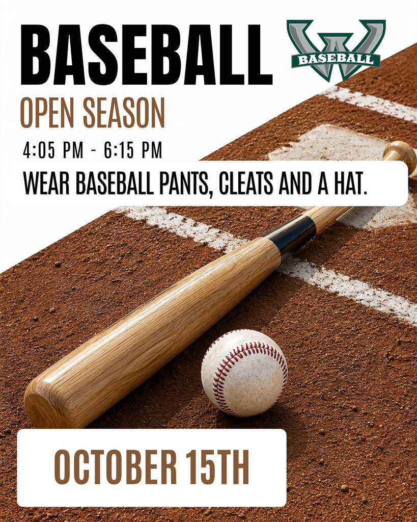 Baseball open season announcement featuring a wooden baseball bat and baseball on a dirt infield. The graphic lists October 15th from 4:05 PM to 6:15 PM and instructs participants to wear baseball pants, cleats, and a hat.