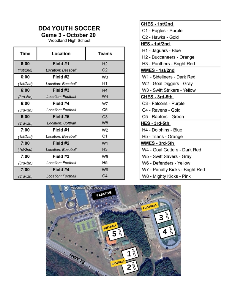 DD4 Youth Soccer Game 3 schedule for October 20 at Woodland High School. 6:00 games: Field 1 at the baseball field, H2 vs. C2 (1st/2nd). Field 2 at the baseball field, W3 vs. H1 (1st/2nd). Field 3 at the football field, H4 vs. W4 (3rd-5th). Field 4 at the football field, W7 vs. C5 (3rd-5th). Field 5 at the softball field, C3 vs. W8 (3rd-5th). 7:00 games: Field 1 at the baseball field, W2 vs. C1 (1st/2nd). Field 2 at the baseball field, W1 vs. H3 (1st/2nd). Field 3 at the football field, W5 vs. H5 (3rd-5th). Field 4 at the football field, W6 vs. C4 (3rd-5th). Team key: Clay Hill 1st/2nd: C1 Eagles, purple; C2 Hawks, gold. Harleyville 1st/2nd: H1 Jaguars, blue; H2 Buccaneers, orange; H3 Panthers, bright red. Williams Memorial 1st/2nd: W1 Sideliners, dark red; W2 Goal Diggers, gray; W3 Swift Strikers, yellow. Clay Hill 3rd-5th: C3 Falcons, purple; C4 Ravens, gold; C5 Raptors, green. Harleyville 3rd-5th: H4 Dolphins, blue; H5 Titans, orange. Williams Memorial 3rd-5th: W4 Goal Getters, dark red; W5 Swift Savers, gray; W6 Defenders, yellow; W7 Penalty Kicks, bright red; W8 Mighty Kicks, pink. An aerial map of the Woodland High School campus shows parking near the main building, Fields 3 and 4 inside the football stadium, Field 5 at the softball field, and Fields 1 and 2 at the baseball field near Highway 78.