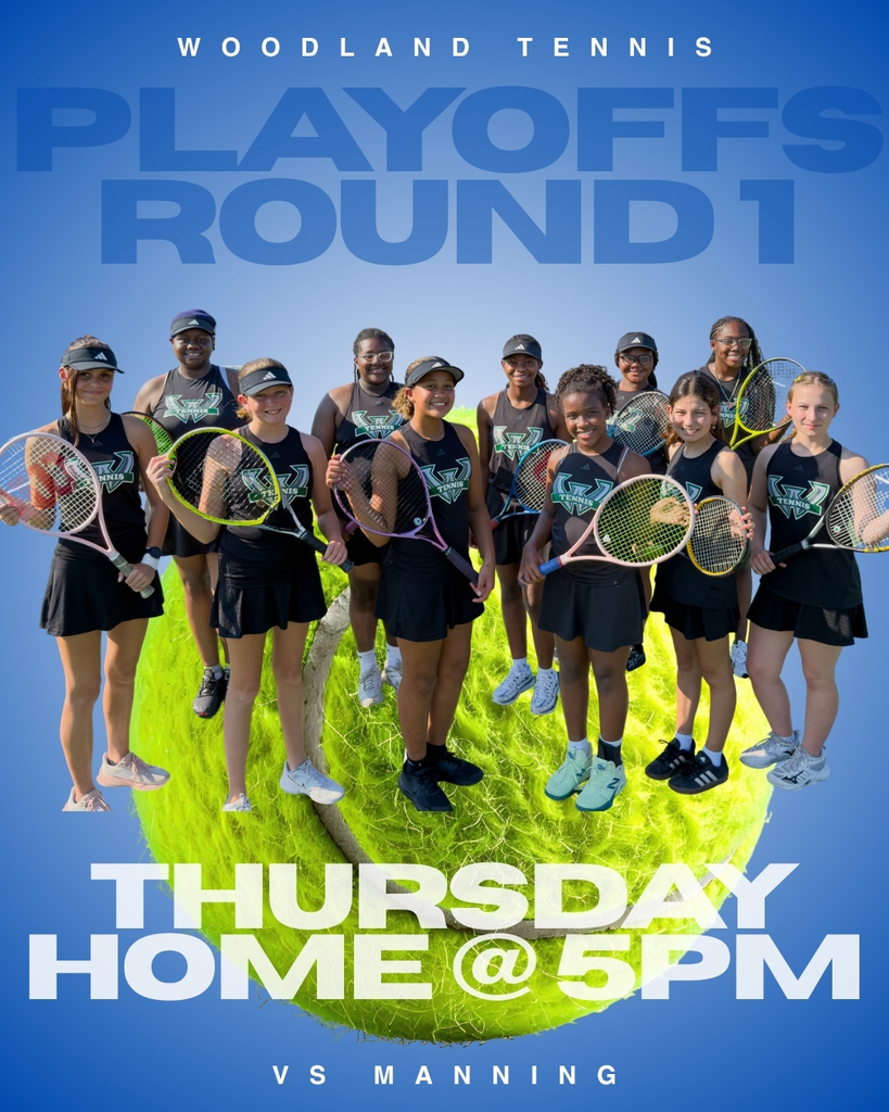 Promotional graphic for Woodland Tennis Playoffs Round 1. Eleven smiling members of the Woodland girls tennis team stand together holding their rackets, wearing black tennis uniforms with the green Woodland W Tennis logo, and many wear black visors. The players are posed on top of a large, bright green tennis ball set against a blue background. Text reads: Woodland Tennis, Playoffs Round 1, Thursday, Home at 5 PM, versus Manning.