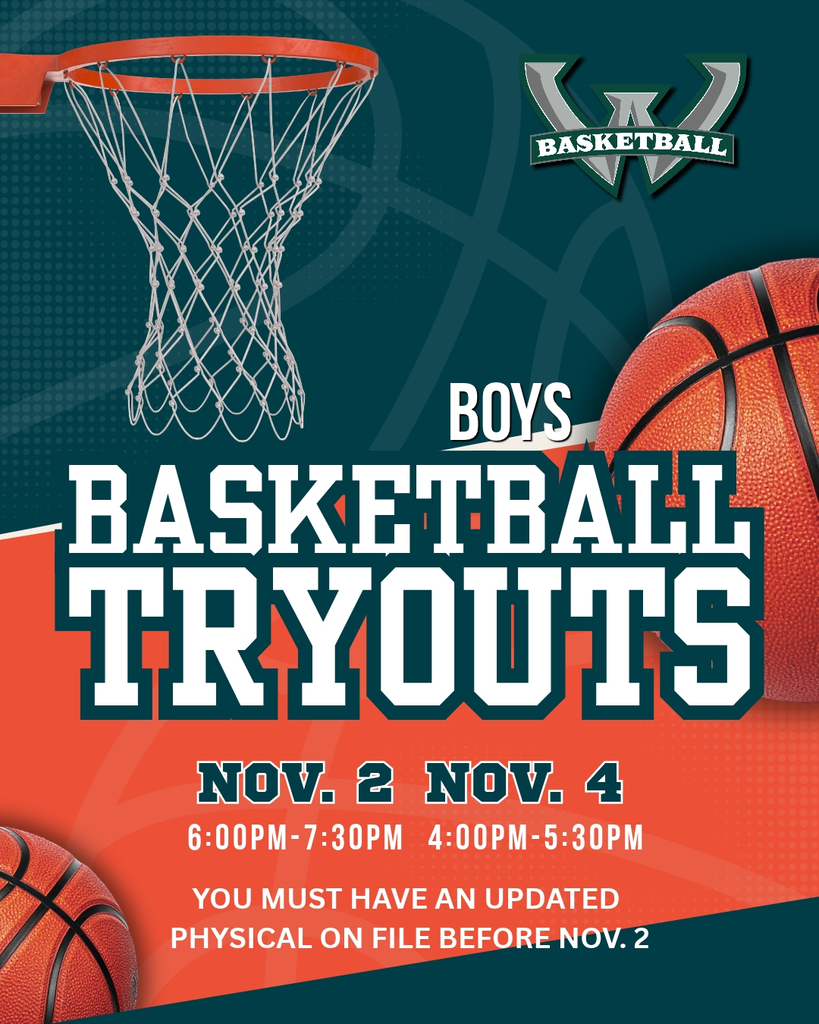 Flyer with a dark green and orange background showing a basketball hoop, basketballs, and the Woodland W Basketball logo. Text reads “Boys Basketball Tryouts, Nov. 2, 6:00 to 7:30 p.m., Nov. 4, 4:00 to 5:30 p.m.” Text at the bottom reads “You must have an updated physical on file before Nov. 2.”