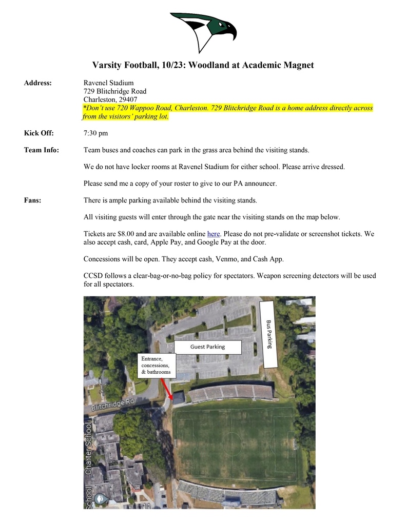 Game information flyer for Woodland at Academic Magnet varsity football on October 23 at Ravenel Stadium, 729 Blitchridge Road, Charleston. Kickoff is 7:30 p.m. The flyer notes not to use 720 Wappoo Road, lists parking behind the visiting stands, $8 tickets online or at the gate, concessions, and a clear-bag policy with weapon screening. An aerial map at the bottom shows the guest parking lot, bus parking along the right side, and an arrow pointing to the entrance, concessions, and bathrooms near the visiting stands beside the field.
